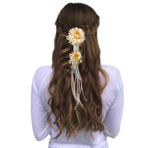 Yellow_Artificial_Metal_Charming_Flowers_With_Elegant_Pearl_Strings_Design_Hairpin_Accessories_For_Women_&_Girls_(14_X_8_X_1_Cm)