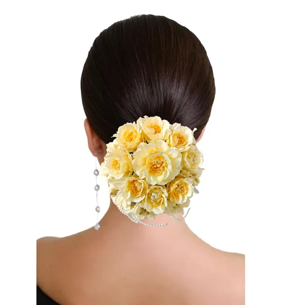 Yellow_Elegant_Rose_And_Pearl_Strings_Gajra_For_Women_&_Girls_(14_X_8_X_1_Cm)