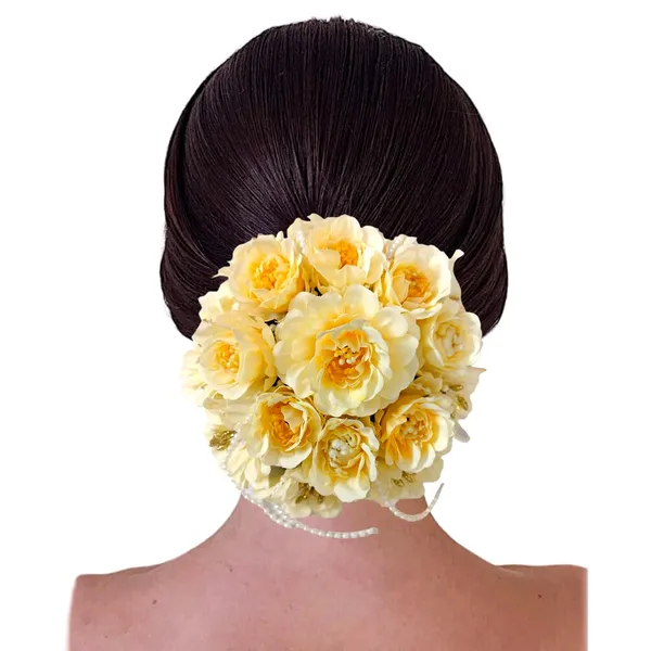Yellow_Elegant_Rose_And_Pearl_Strings_Gajra_For_Women_&_Girls_(14_X_8_X_1_Cm)