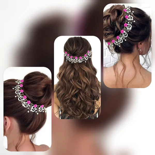 Dark_Pink_Artificial_Floral_Design_Bridal_Hair_Accessories_For_Women_&_Girls
