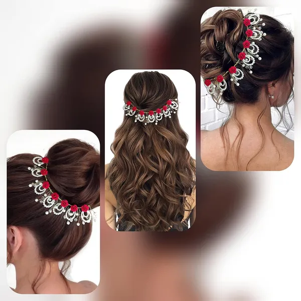 Red_Artificial_Floral_Design_Bridal_Hair_Accessories_For_Women_&_Girls