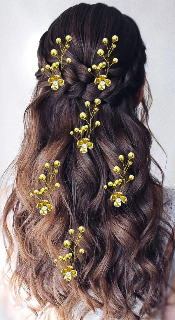 Golden_Small_Flower_With_Pearls_Hair_Pin_For_Women_&_Girls