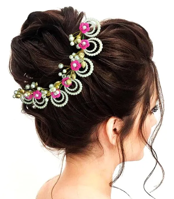 Dark_Pink_Artificial_Flowers_With_Pearls_Peacock_Feather_Shape_Hair_Vein_Accessories_For_Women_&_Girls