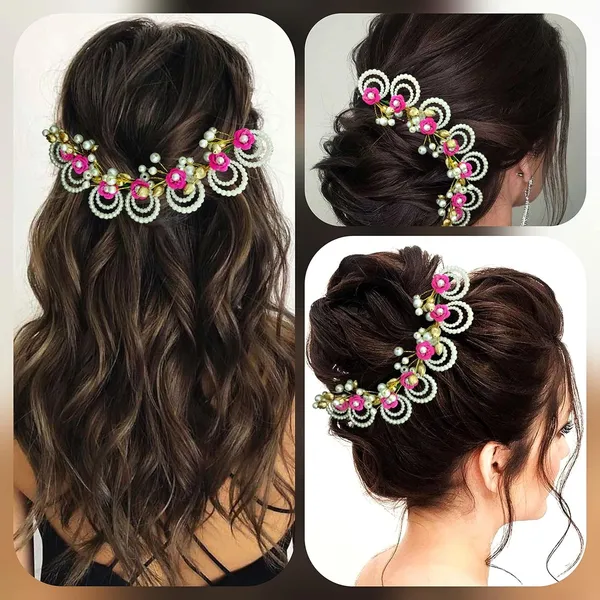 Dark_Pink_Artificial_Flowers_With_Pearls_Peacock_Feather_Shape_Hair_Vein_Accessories_For_Women_&_Girls