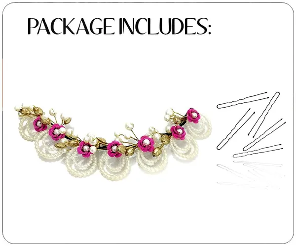 Dark_Pink_Artificial_Flowers_With_Pearls_Peacock_Feather_Shape_Hair_Vein_Accessories_For_Women_&_Girls
