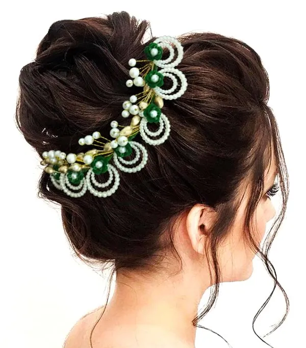 Green_Artificial_Flowers_With_Pearls_Peacock_Feather_Shape_Hair_Vein_Accessories_For_Women_&_Girls