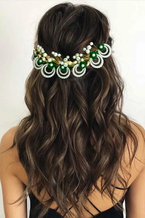 Green_Artificial_Flowers_With_Pearls_Peacock_Feather_Shape_Hair_Vein_Accessories_For_Women_&_Girls