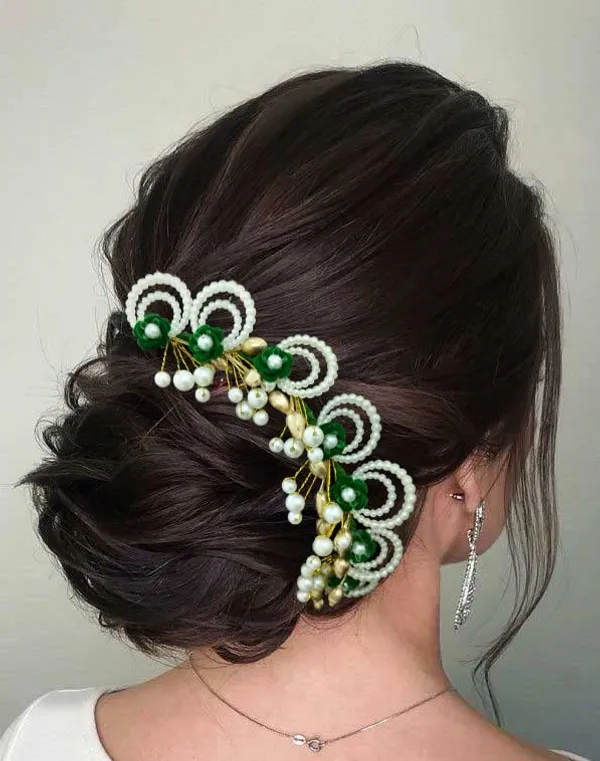 Green_Artificial_Flowers_With_Pearls_Peacock_Feather_Shape_Hair_Vein_Accessories_For_Women_&_Girls