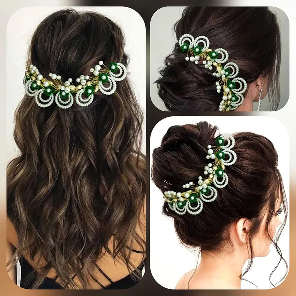 Green_Artificial_Flowers_With_Pearls_Peacock_Feather_Shape_Hair_Vein_Accessories_For_Women_&_Girls