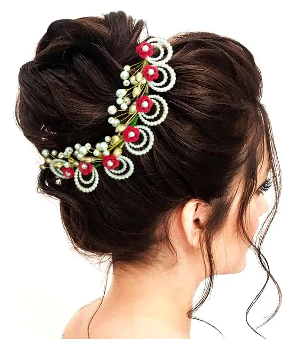 Red_Artificial_Flowers_With_Pearls_Peacock_Feather_Shape_Hair_Vein_Accessories_For_Women_&_Girls