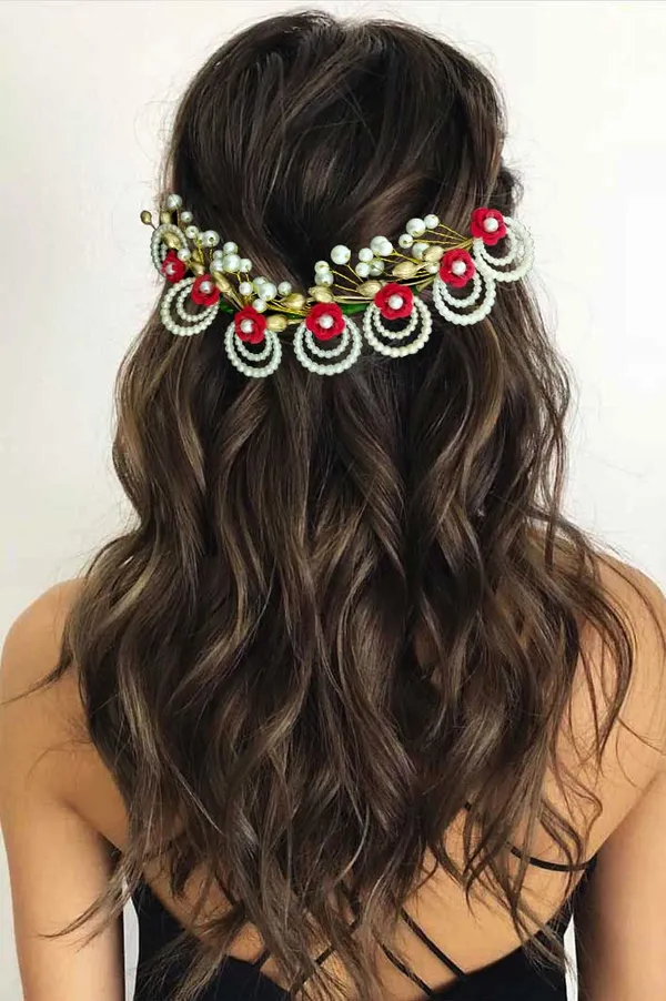 Red_Artificial_Flowers_With_Pearls_Peacock_Feather_Shape_Hair_Vein_Accessories_For_Women_&_Girls