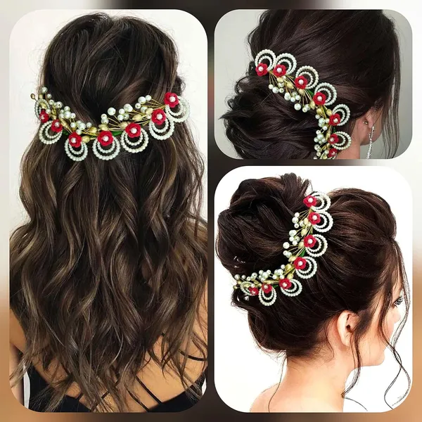 Red_Artificial_Flowers_With_Pearls_Peacock_Feather_Shape_Hair_Vein_Accessories_For_Women_&_Girls