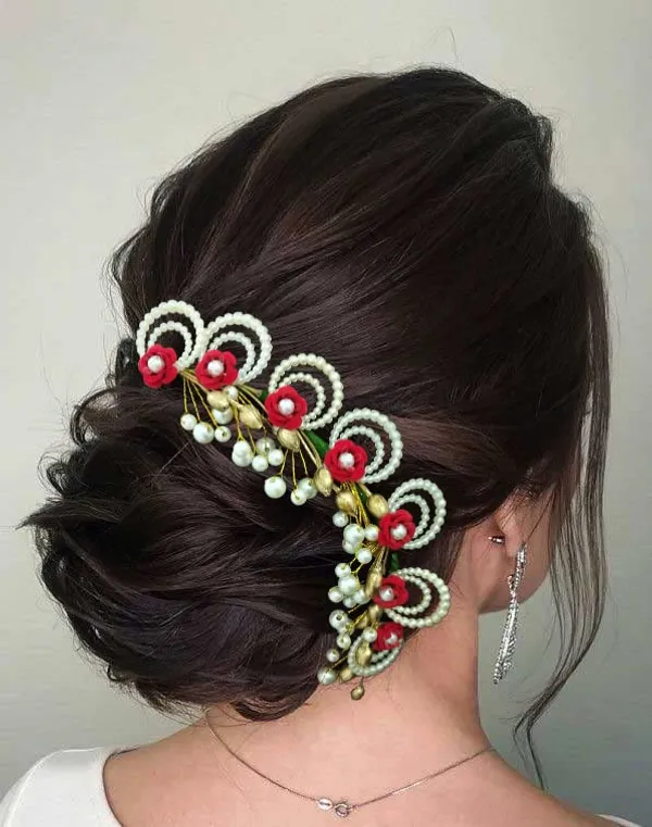 Red_Artificial_Flowers_With_Pearls_Peacock_Feather_Shape_Hair_Vein_Accessories_For_Women_&_Girls