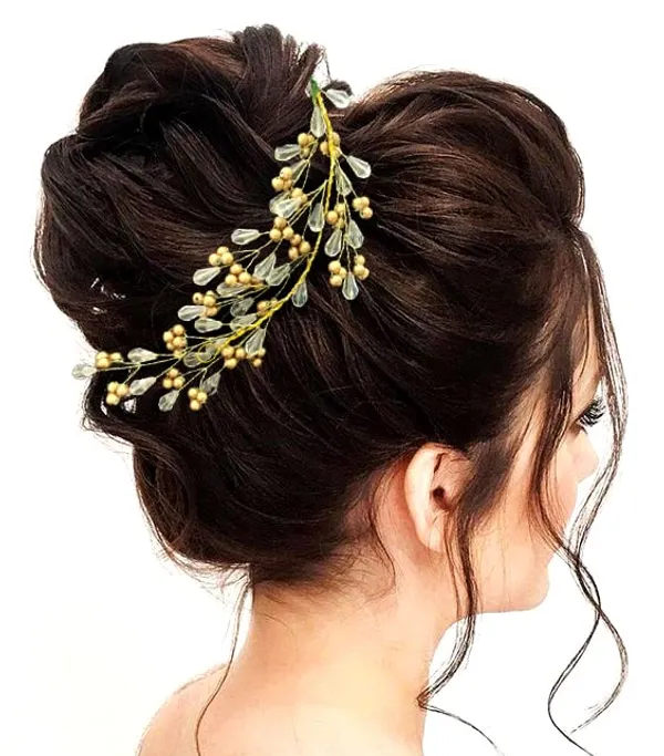 Golden_Beads_Feather_Leaf_Designed_Artificial_Bridal_Hair_Vien_Pin