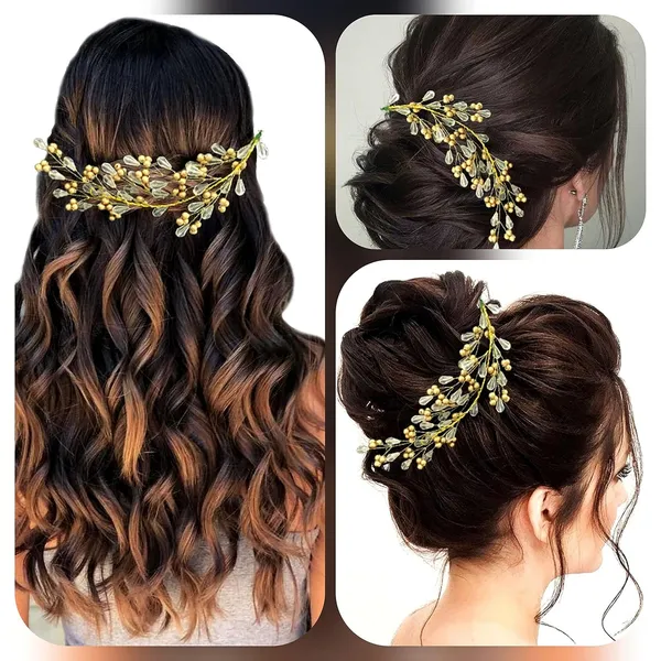 Golden_Beads_Feather_Leaf_Designed_Artificial_Bridal_Hair_Vien_Pin