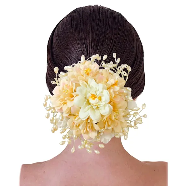 Beige_Artificial_Floral_Gajra_Judabun_With_Pearl_Bead_Branches_Hairpin_Accessories_For_Women_&_Girls_(14_X_8_X_1_Cm)