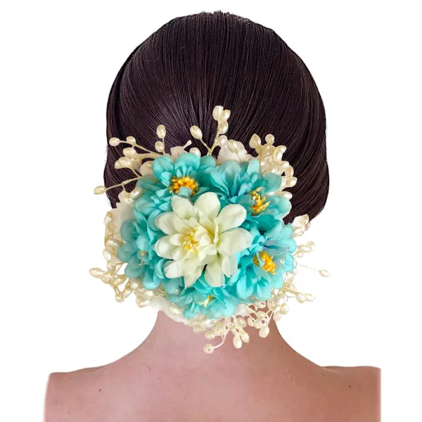 Blue_&_Green_Artificial_Floral_Gajra_Judabun_With_Pearl_Bead_Branches_Hairpin_Accessories_For_Women_&_Girls_(14_X_8_X_1_Cm)