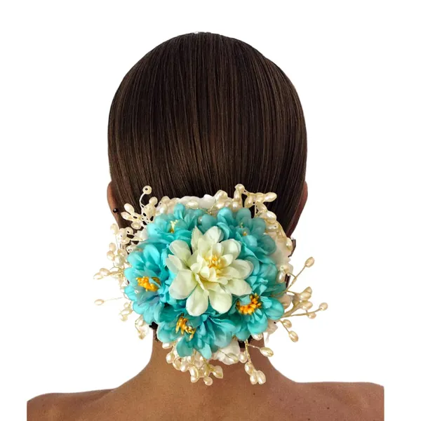 Blue_&_Green_Artificial_Floral_Gajra_Judabun_With_Pearl_Bead_Branches_Hairpin_Accessories_For_Women_&_Girls_(14_X_8_X_1_Cm)