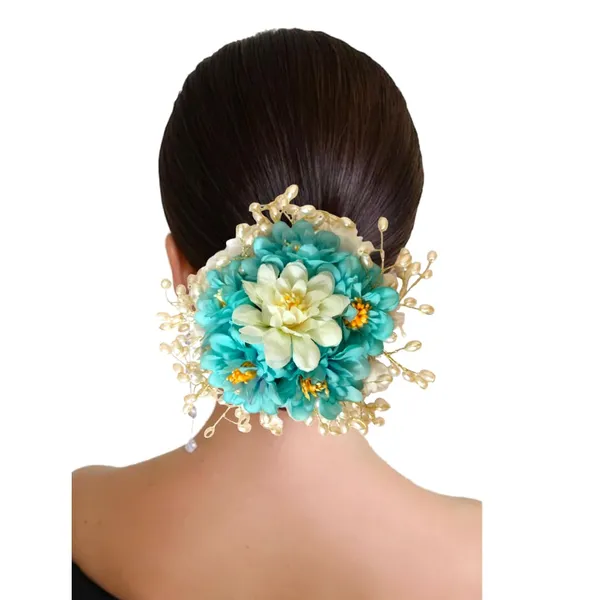 Blue_&_Green_Artificial_Floral_Gajra_Judabun_With_Pearl_Bead_Branches_Hairpin_Accessories_For_Women_&_Girls_(14_X_8_X_1_Cm)