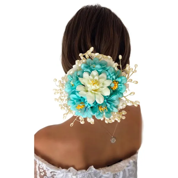 Blue_&_Green_Artificial_Floral_Gajra_Judabun_With_Pearl_Bead_Branches_Hairpin_Accessories_For_Women_&_Girls_(14_X_8_X_1_Cm)