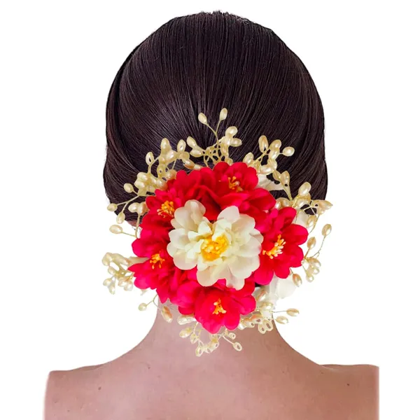 Dark_Pink_Artificial_Plastic_Floral_Judabun_With_Pearl_Bead_Branches_Design_Hairpin_Accessories_For_Women_&_Girls_(14_X_8_X_1_Cm)