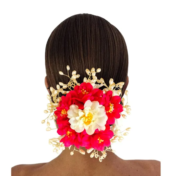 Dark_Pink_Artificial_Plastic_Floral_Judabun_With_Pearl_Bead_Branches_Design_Hairpin_Accessories_For_Women_&_Girls_(14_X_8_X_1_Cm)