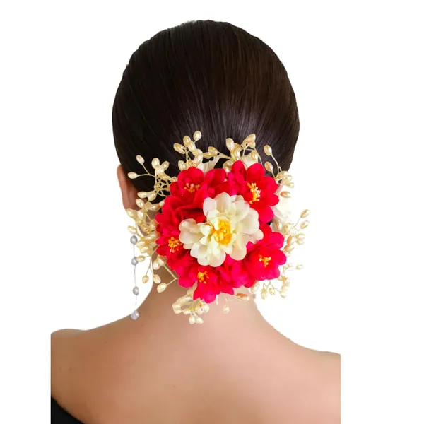 Dark_Pink_Artificial_Plastic_Floral_Judabun_With_Pearl_Bead_Branches_Design_Hairpin_Accessories_For_Women_&_Girls_(14_X_8_X_1_Cm)