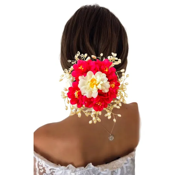 Dark_Pink_Artificial_Plastic_Floral_Judabun_With_Pearl_Bead_Branches_Design_Hairpin_Accessories_For_Women_&_Girls_(14_X_8_X_1_Cm)