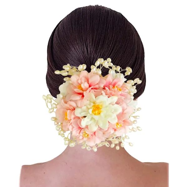 Peach_Artificial_Plastic_Floral_Judabun_With_Pearl_Bead_Branches_Design_Hairpin_Accessories_For_Women_&_Girls_(14_X_8_X_1_Cm)