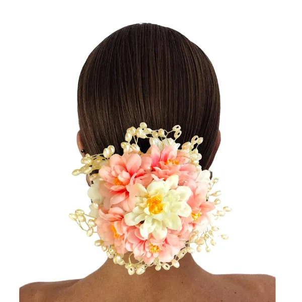 Peach_Artificial_Plastic_Floral_Judabun_With_Pearl_Bead_Branches_Design_Hairpin_Accessories_For_Women_&_Girls_(14_X_8_X_1_Cm)