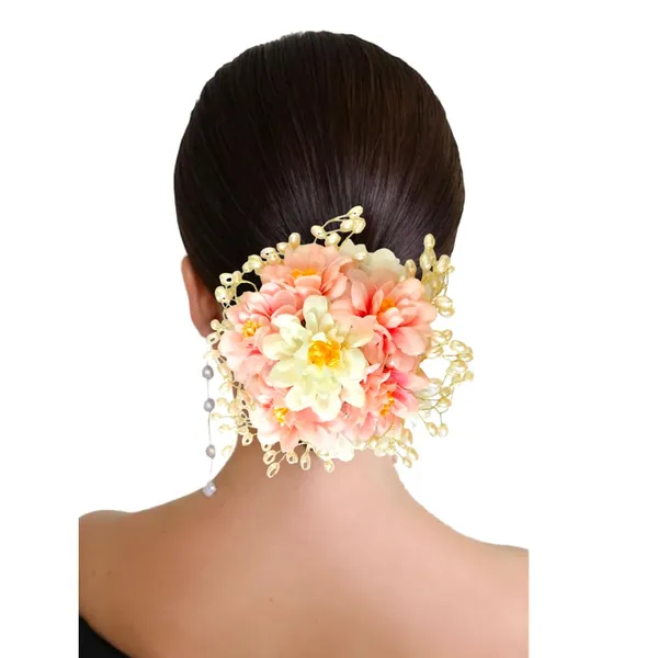 Peach_Artificial_Plastic_Floral_Judabun_With_Pearl_Bead_Branches_Design_Hairpin_Accessories_For_Women_&_Girls_(14_X_8_X_1_Cm)