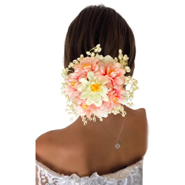 Peach_Artificial_Plastic_Floral_Judabun_With_Pearl_Bead_Branches_Design_Hairpin_Accessories_For_Women_&_Girls_(14_X_8_X_1_Cm)