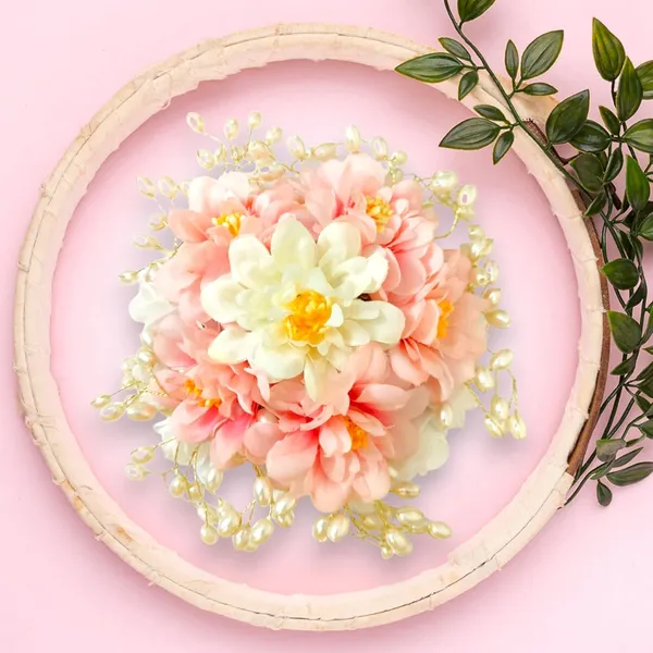 Peach_Artificial_Plastic_Floral_Judabun_With_Pearl_Bead_Branches_Design_Hairpin_Accessories_For_Women_&_Girls_(14_X_8_X_1_Cm)