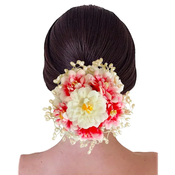 Red_&_Cream_Artificial_Plastic_Floral_Judabun_With_Pearl_Bead_Branches_Design_Hairpin_Accessories_For_Women_&_Girls_(14_X_8_X_1_Cm)