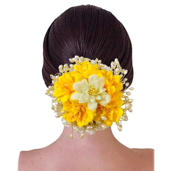Yellow_Artificial_Plastic_Floral_Judabun_With_Pearl_Bead_Branches_Design_Hairpin_Accessories_For_Women_&_Girls_(14_X_8_X_1_Cm)