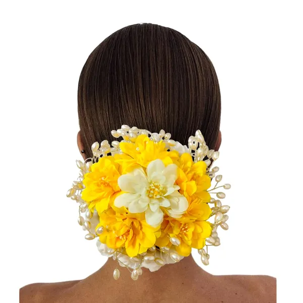 Yellow_Artificial_Plastic_Floral_Judabun_With_Pearl_Bead_Branches_Design_Hairpin_Accessories_For_Women_&_Girls_(14_X_8_X_1_Cm)