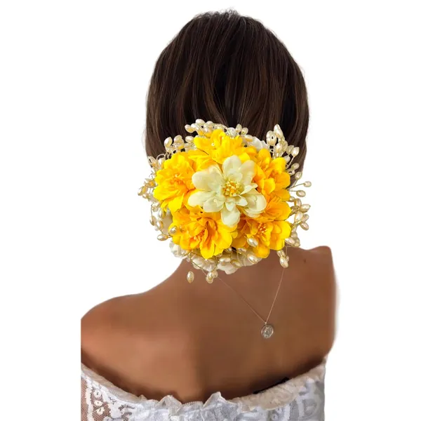 Yellow_Artificial_Plastic_Floral_Judabun_With_Pearl_Bead_Branches_Design_Hairpin_Accessories_For_Women_&_Girls_(14_X_8_X_1_Cm)