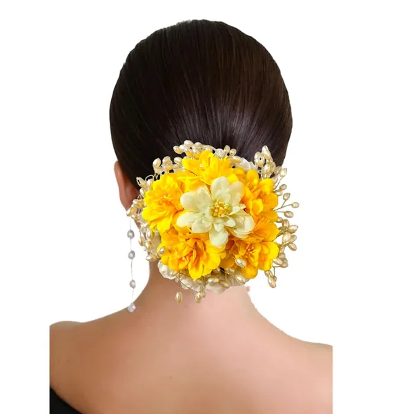 Yellow_Artificial_Plastic_Floral_Judabun_With_Pearl_Bead_Branches_Design_Hairpin_Accessories_For_Women_&_Girls_(14_X_8_X_1_Cm)