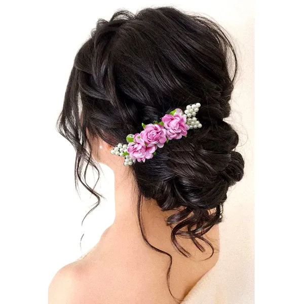 Pink_Artificial_Floral_Comb_Slide_Hair_Pin_Accessories_For_Women_&_Girls