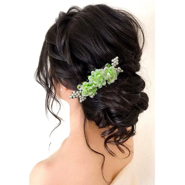 Pista_Green_Acrylic_Comb_And_Cloth_Flower_Hair_Clip_For_Women_&_Girls