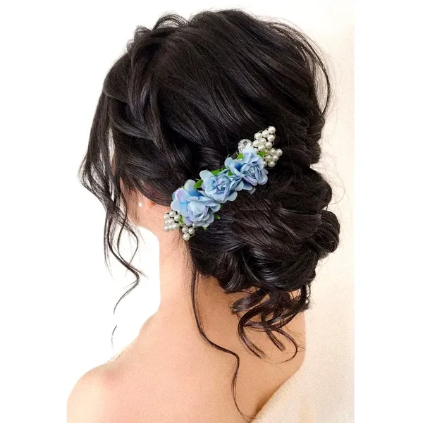 Sky_Blue_Artificial_Floral_Comb_Slide_Hair_Pin_Accessories_For_Women_&_Girls