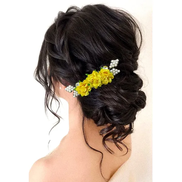 Yellow_Artificial_Floral_Comb_Slide_Hair_Pin_Accessories_For_Women_&_Girls