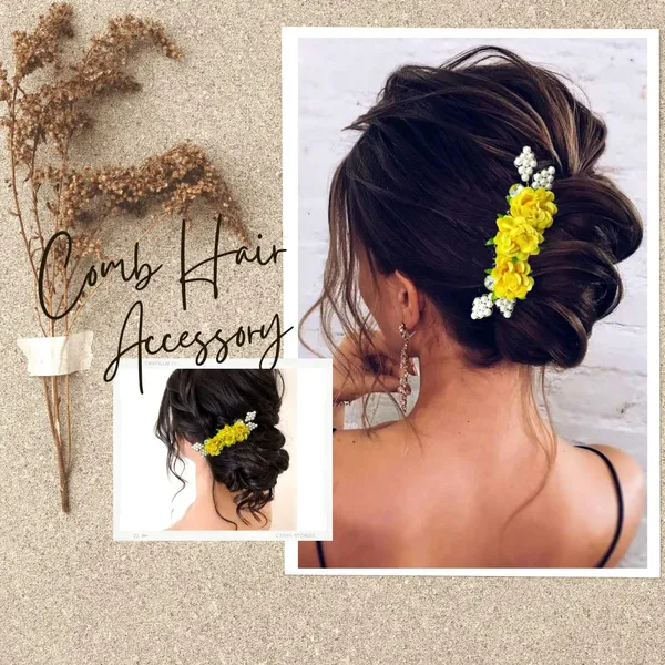 Yellow_Artificial_Floral_Comb_Slide_Hair_Pin_Accessories_For_Women_&_Girls