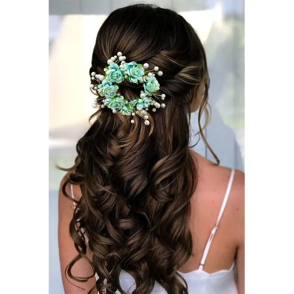 Green_Artificial_Flowers_With_White_Pearls_Hair_Clutcher_For_Women_&_Girls