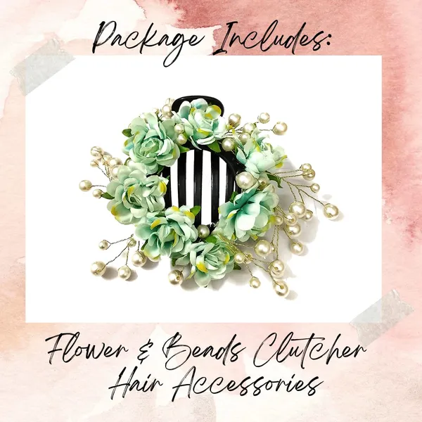 Green_Artificial_Flowers_With_White_Pearls_Hair_Clutcher_For_Women_&_Girls