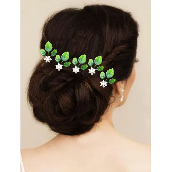 Green_&_White_Artificial_Green_Leaves_With_Small_White_Flowers_Made_Hair_Pin/Juda_Pin/Hair_Accessories_For_Women_&_Girls