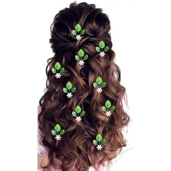 Green_&_White_Artificial_Green_Leaves_With_Small_White_Flowers_Made_Hair_Pin/Juda_Pin/Hair_Accessories_For_Women_&_Girls