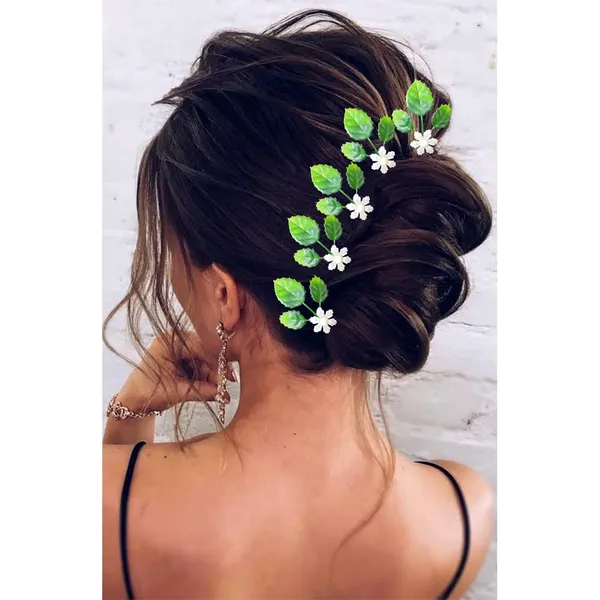 Green_&_White_Artificial_Green_Leaves_With_Small_White_Flowers_Made_Hair_Pin/Juda_Pin/Hair_Accessories_For_Women_&_Girls