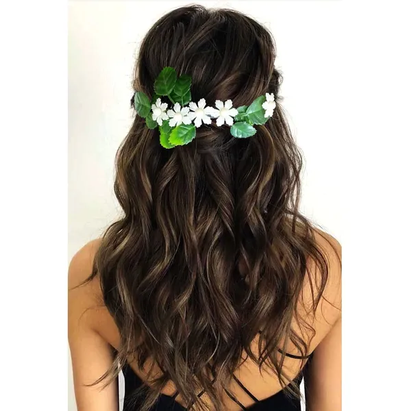 Green_&_White_Artificial_Leaves_With_Small_Flowers_Made_Barretes_Hair_Accessories_For_Women_&_Girls