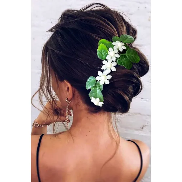 Green_&_White_Artificial_Leaves_With_Small_Flowers_Made_Barretes_Hair_Accessories_For_Women_&_Girls